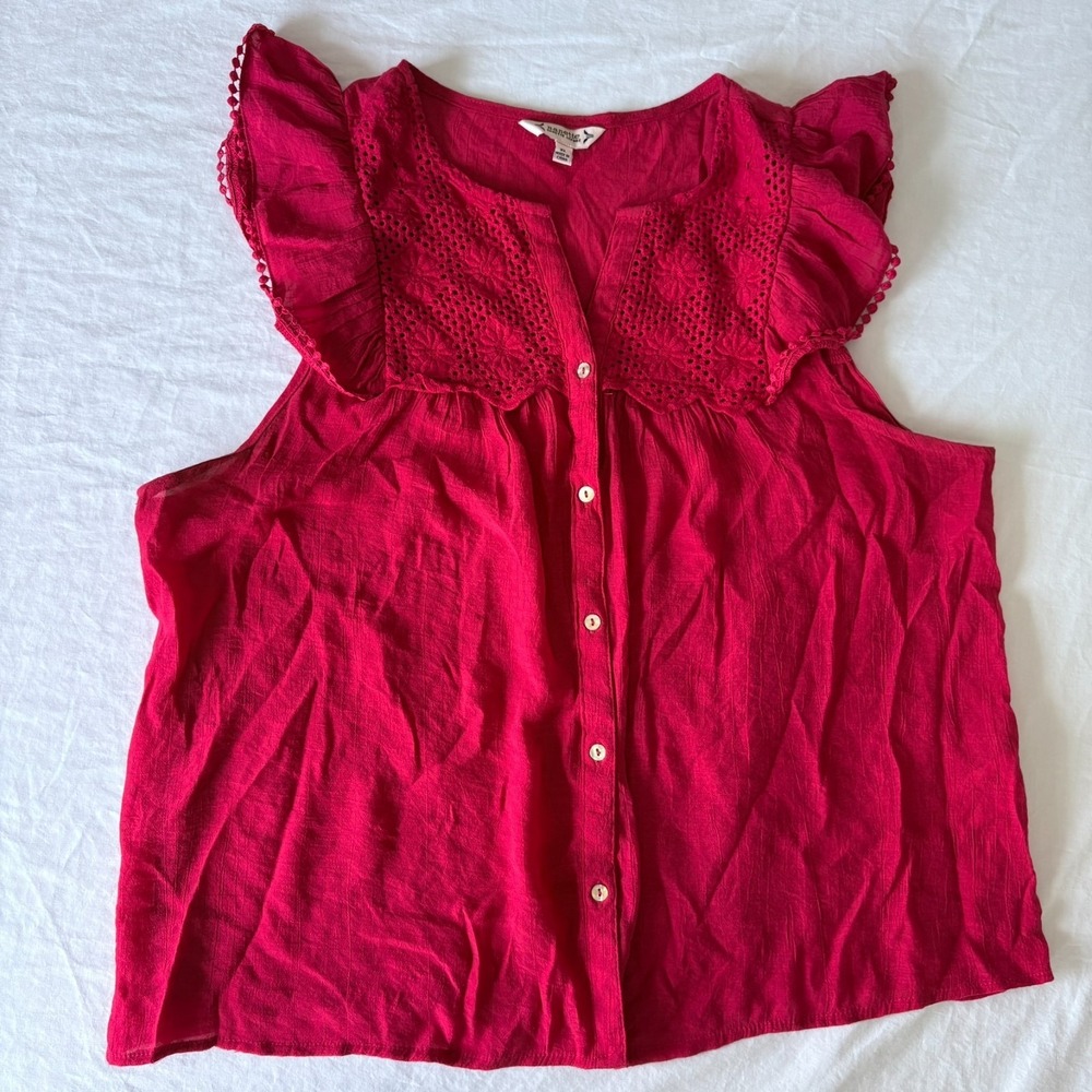 Womens Red Crochet Yoke Ruffle Sleeve Embroidered Grandmacore Top Blouse XL